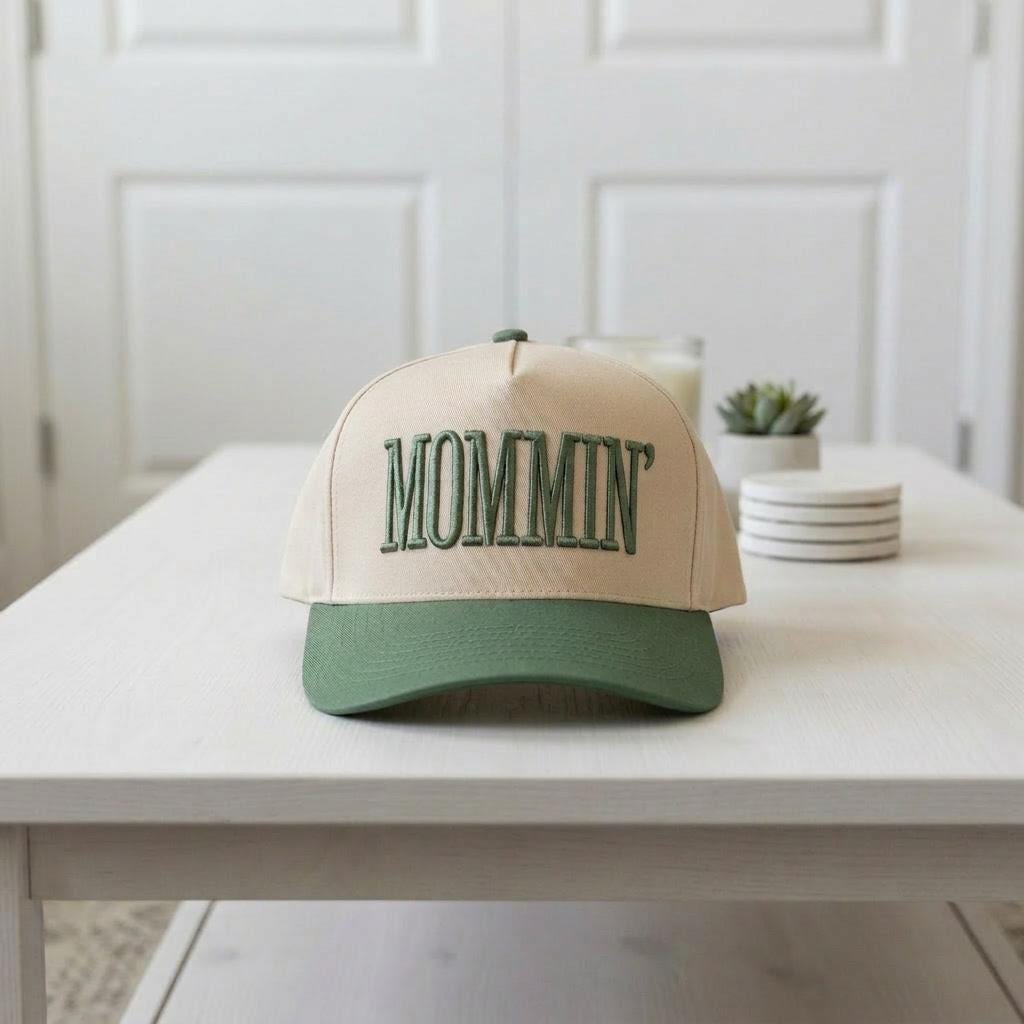 Mommin Hat, Embroidered Mom Hat, Green Beige Mom Baseball Cap, Cute Mom Gift, Messy Bun Hat, Cool Mom Hat, Trendy Mom Outfit Accessory