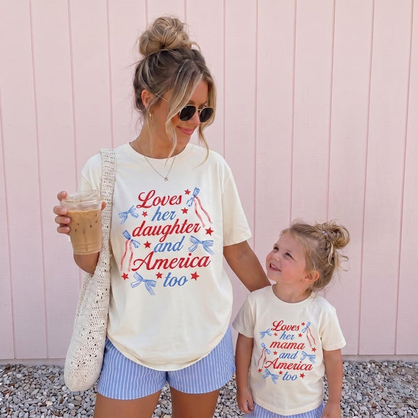 4th of July Mom and Me Shirts | Patriotic Matching Family Shirts | Loves Her Mama and America Too Tee | USA Mom Daughter Outfit