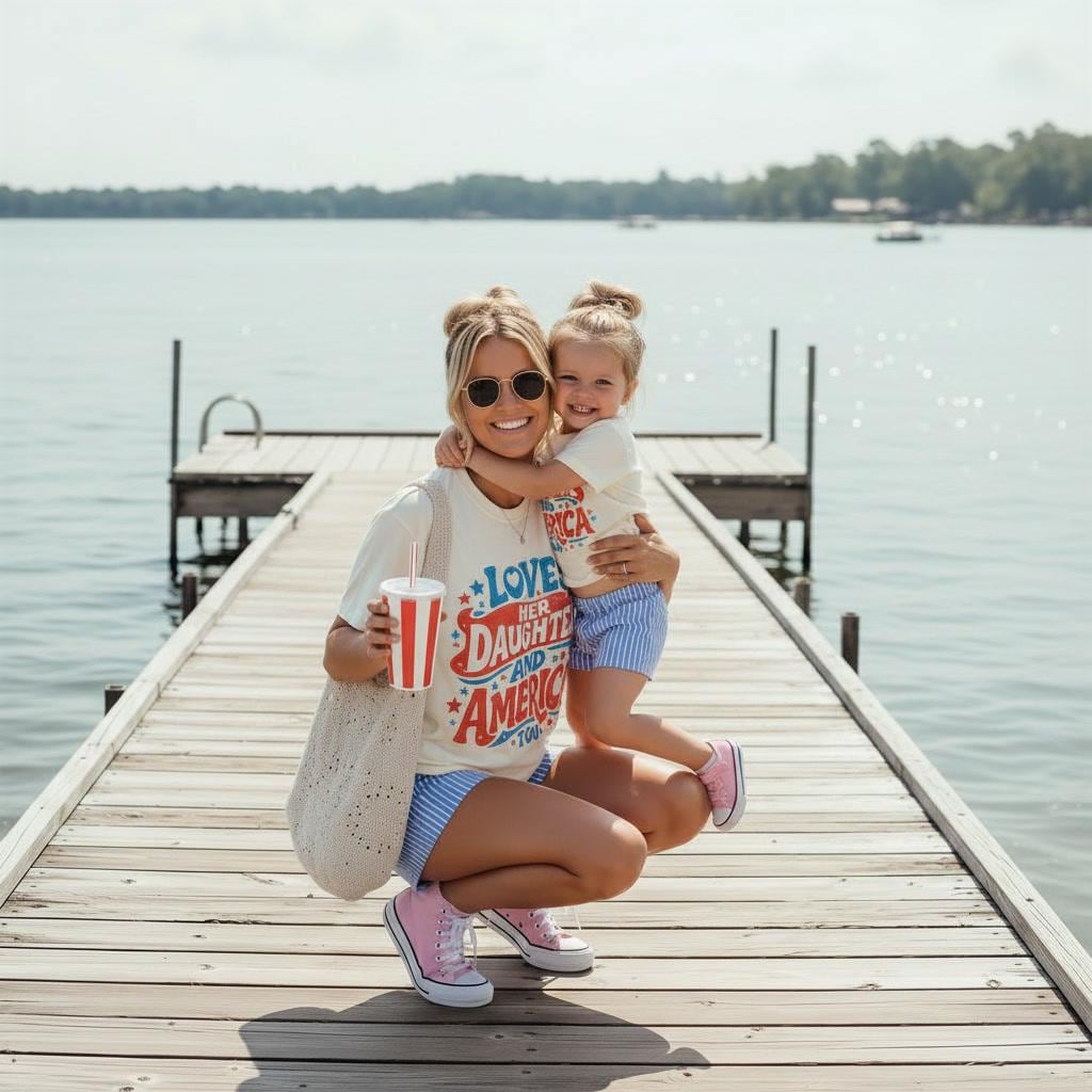 4th of July Family Matching Shirts | Loves Her Daughter Son and America Too | Patriotic Mom Dad Kids Shirts | USA Matching Outfits | mom me