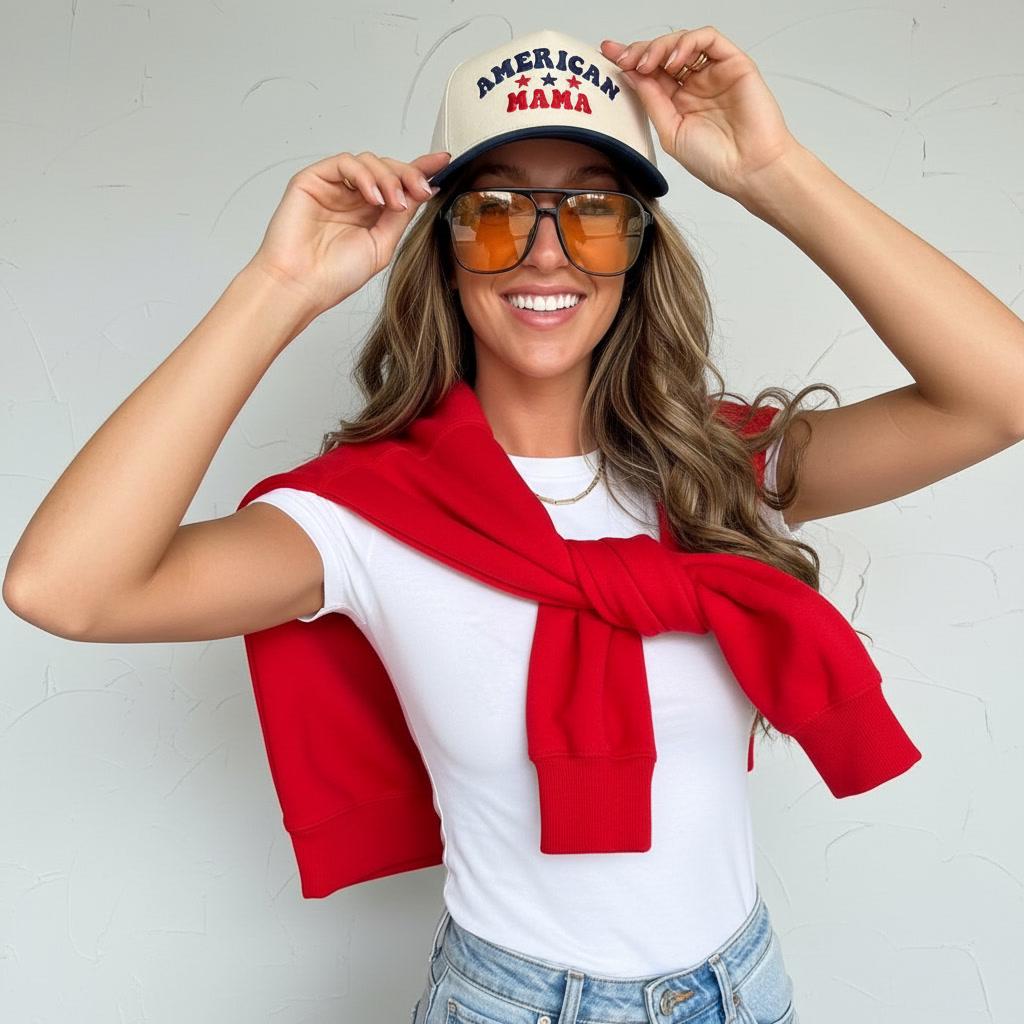 Blue American Mama Hat Snapback | Patriotic Mom Hat | 4th of July Cap | USA Mom Baseball Hat | Red White Blue Outfit Mom Gift