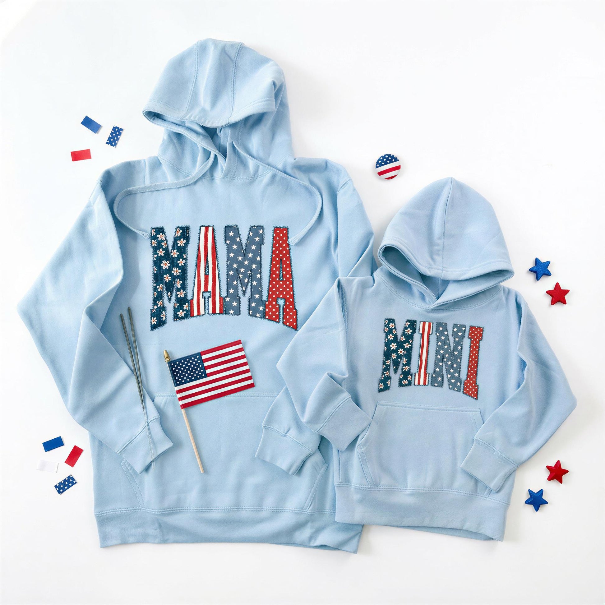 Mama and Mini Blue Hoodies 4th of July | Patriotic Matching Family Hoodies Set | USA Mom & Kid Outfit | Red White Blue Sweatshirts