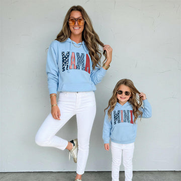 Mama and Mini Blue Hoodies 4th of July | Patriotic Matching Family Hoodies Set | USA Mom & Kid Outfit | Red White Blue Sweatshirts