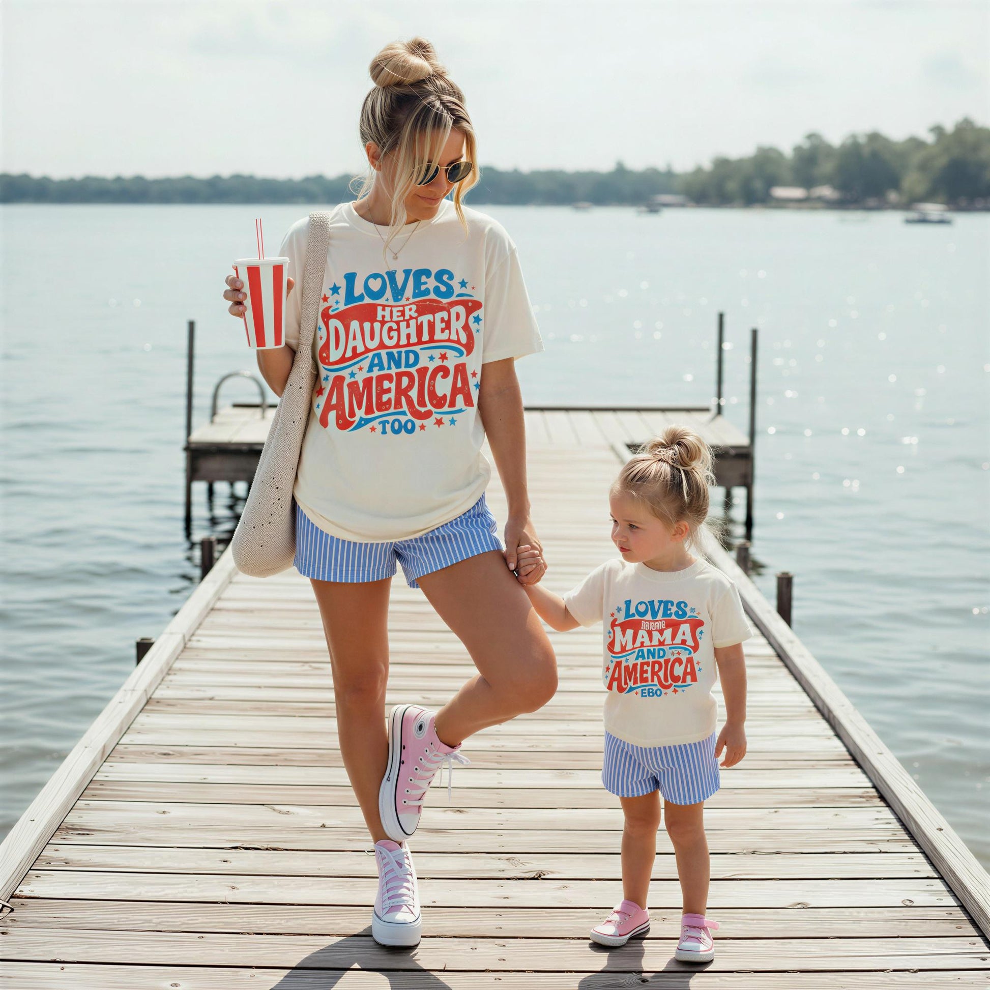 4th of July Family Matching Shirts | Loves Her Daughter Son and America Too | Patriotic Mom Dad Kids Shirts | USA Matching Outfits | mom me