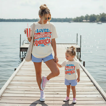 4th of July Family Matching Shirts | Loves Her Daughter Son and America Too | Patriotic Mom Dad Kids Shirts | USA Matching Outfits | mom me