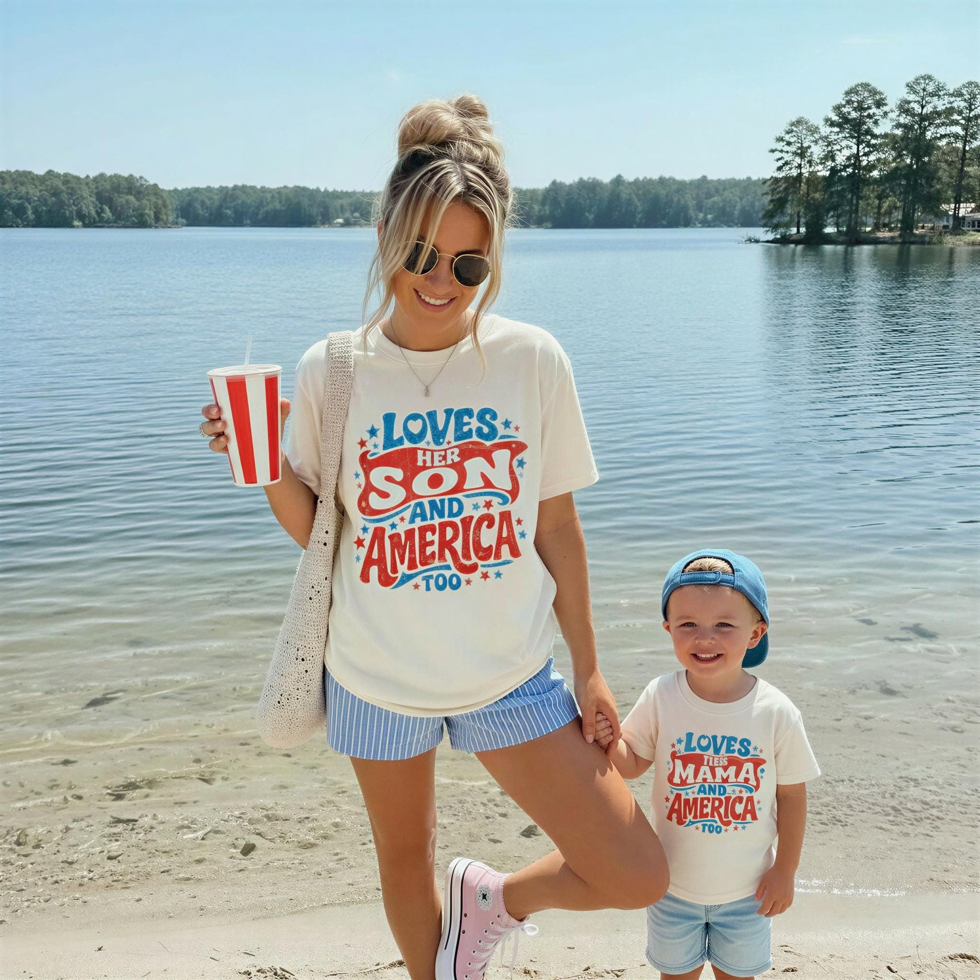 4th of July Family Matching Shirts | Loves Her Daughter Son and America Too | Patriotic Mom Dad Kids Shirts | USA Matching Outfits | mom me