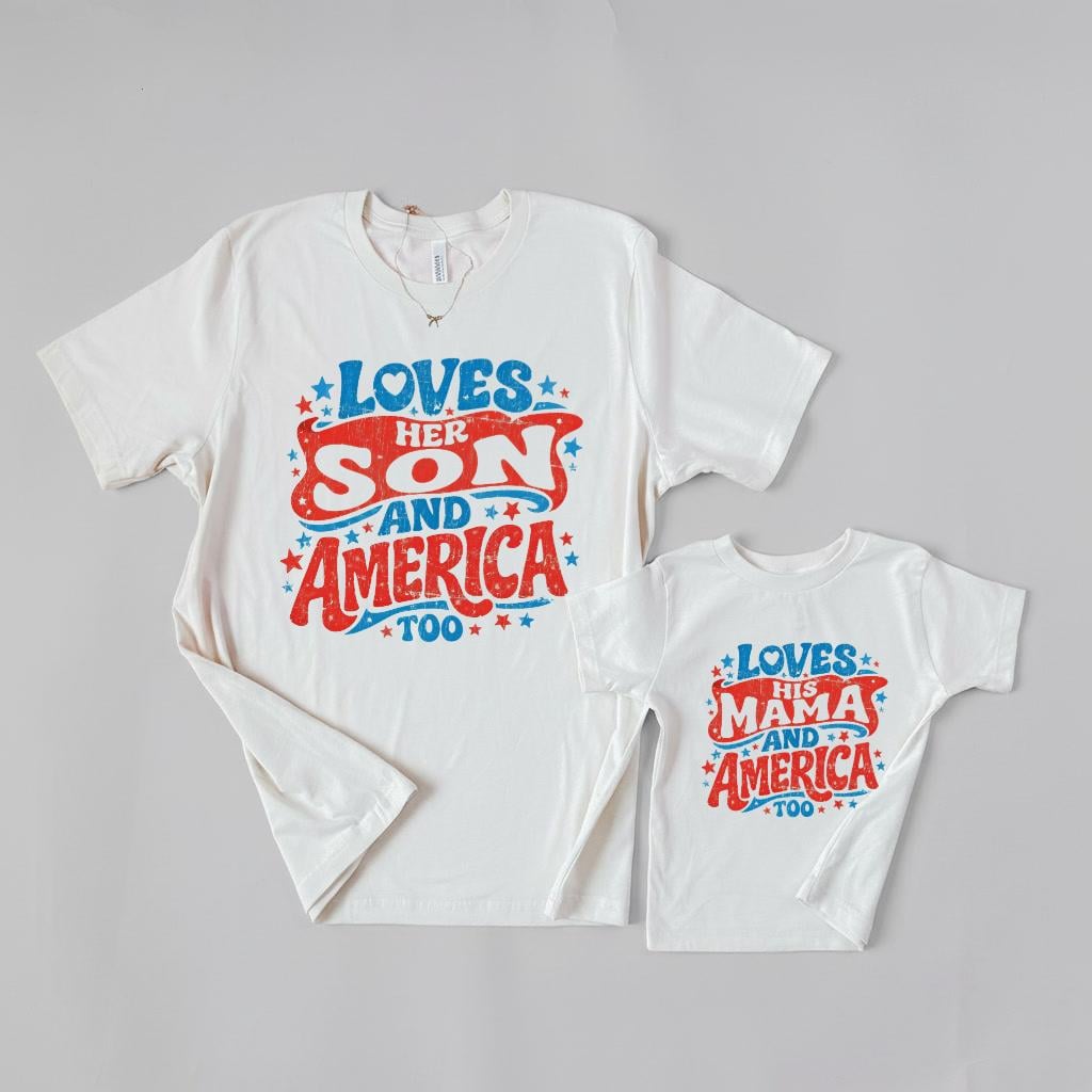 4th of July Family Matching Shirts | Loves Her Daughter Son and America Too | Patriotic Mom Dad Kids Shirts | USA Matching Outfits | mom me