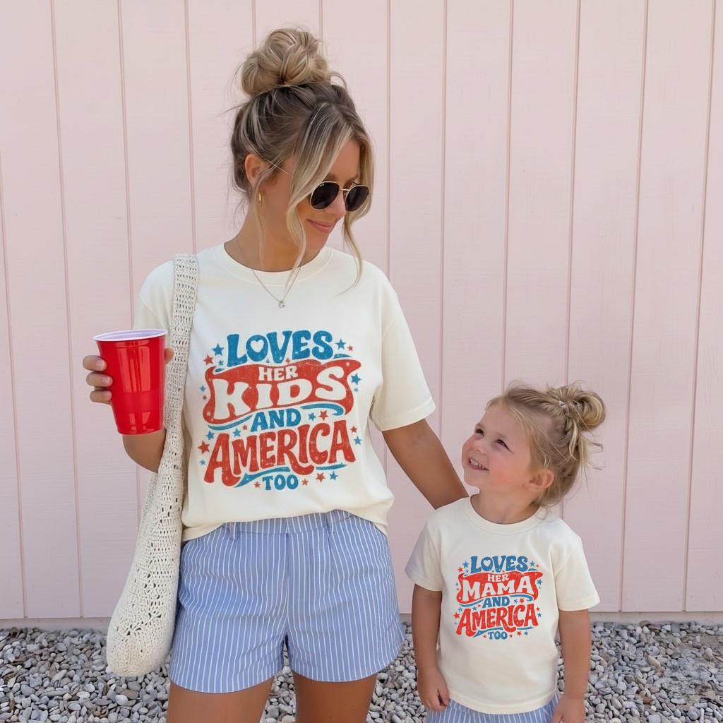 4th of July Mom and Me Shirts | Patriotic Matching Family Shirts | Loves Her Mama and America Too Tee | USA Mom Daughter Outfit