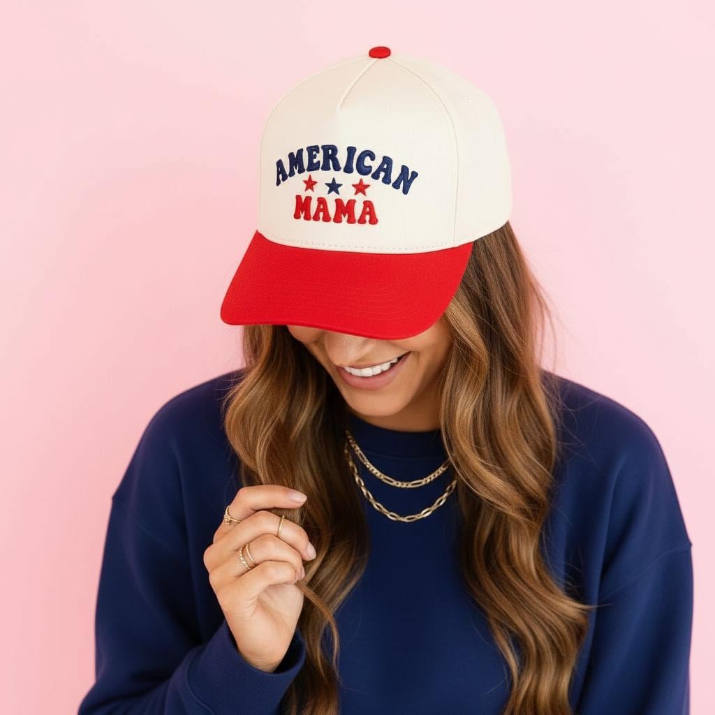 American Mama Hat Red Snapback | Patriotic Mom Hat | 4th of July Cap | USA Mom Baseball Hat | Red White Blue Outfit Mom Gift