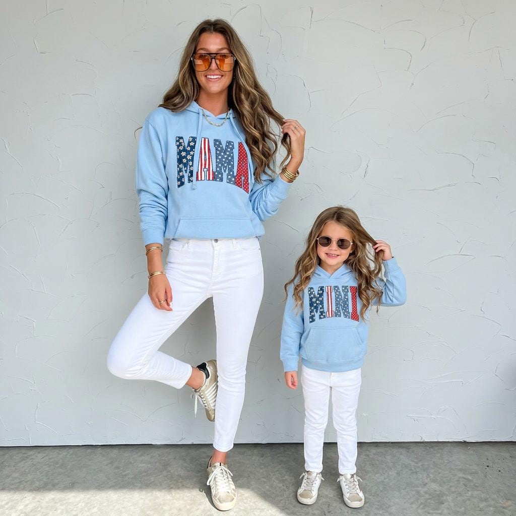 Mama and Mini Blue Hoodies 4th of July | Patriotic Matching Family Hoodies Set | USA Mom & Kid Outfit | Red White Blue Sweatshirts