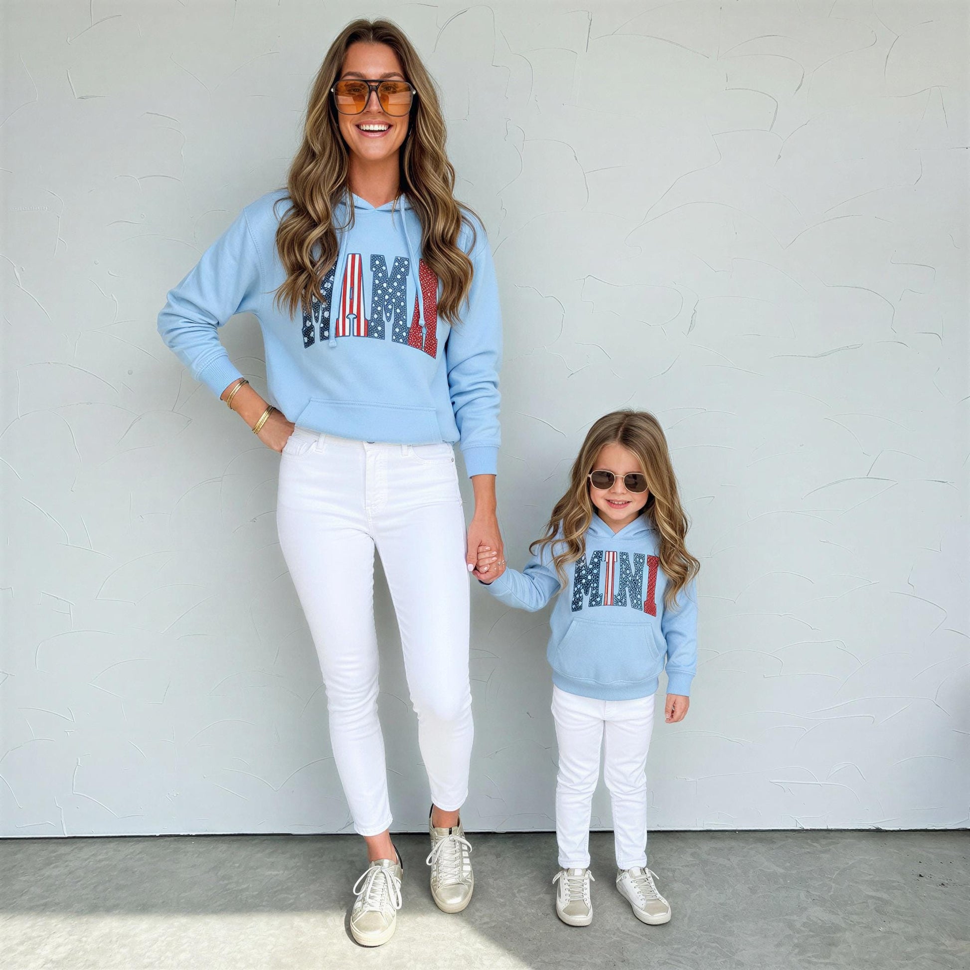 Mama and Mini Blue Hoodies 4th of July | Patriotic Matching Family Hoodies Set | USA Mom & Kid Outfit | Red White Blue Sweatshirts