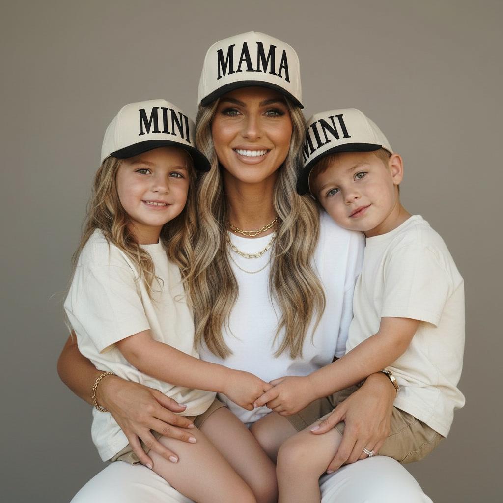 Mama and Mini Embroidered Hats | Matching Mom and Kid Baseball Caps | Beige Snapback Hat Black Embroidery | Mommy and Me Hat Back to School