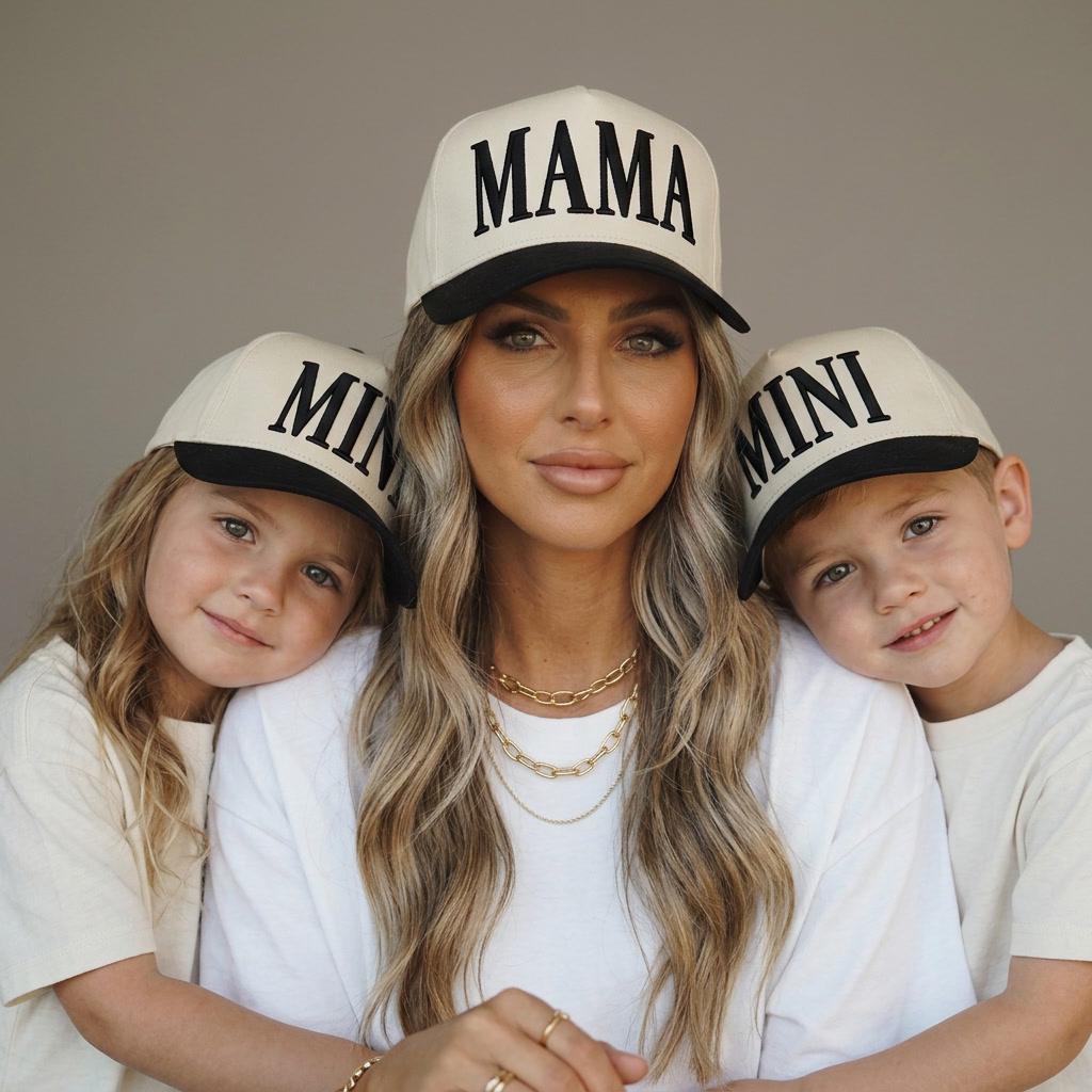 Mama and Mini Embroidered Hats | Matching Mom and Kid Baseball Caps | Beige Snapback Hat Black Embroidery | Mommy and Me Hat Back to School