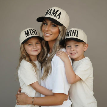Mama and Mini Embroidered Hats | Matching Mom and Kid Baseball Caps | Beige Snapback Hat Black Embroidery | Mommy and Me Hat Back to School