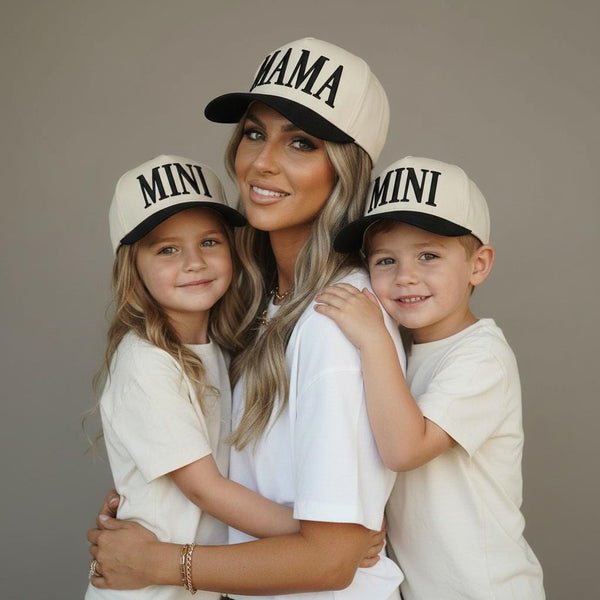 Mama and Mini Embroidered Hats | Matching Mom and Kid Baseball Caps | Beige Snapback Hat Black Embroidery | Mommy and Me Hat Back to School