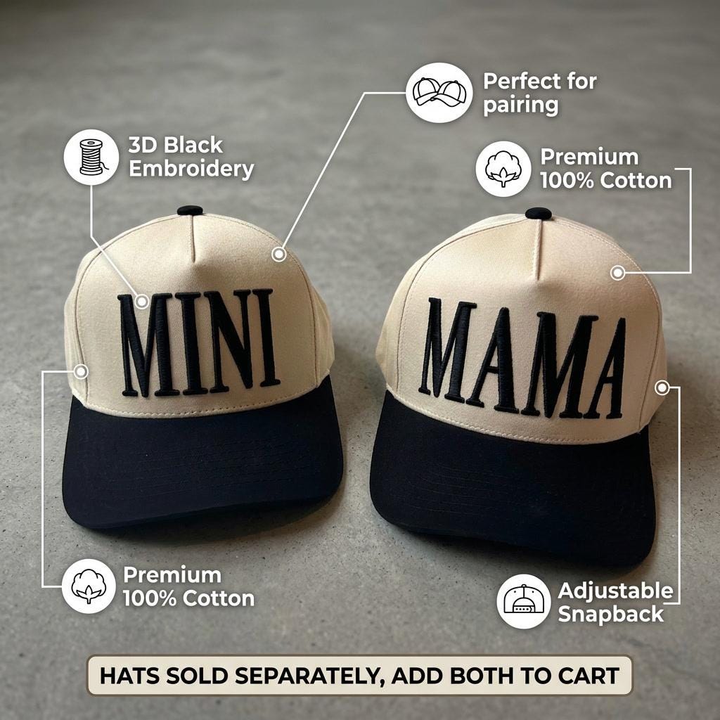Mama and Mini Embroidered Hats | Matching Mom and Kid Baseball Caps | Beige Snapback Hat Black Embroidery | Mommy and Me Hat Back to School