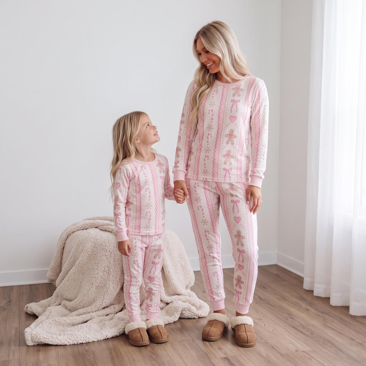 Matching Christmas Pajamas | Mommy and me Pink Gingerbread Bow Pajamas | Mom and Daughter Holiday PJs | Cute Christmas Family Pajamas