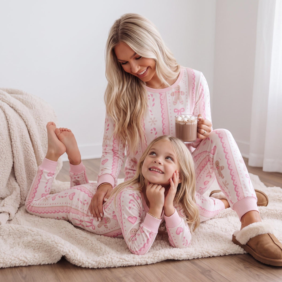 Matching Christmas Pajamas | Mommy and me Pink Gingerbread Bow Pajamas | Mom and Daughter Holiday PJs | Cute Christmas Family Pajamas