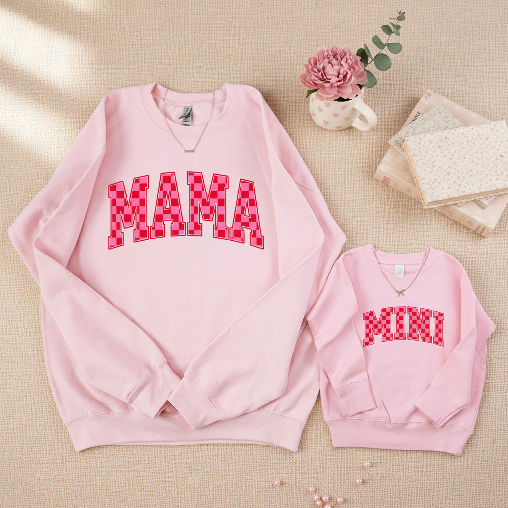 Pink Checkered Mama and Mini Valentine Sweatshirt Set | Matching Mommy & Me Outfits | Valentine's Day Sweatshirts for mom and daughter