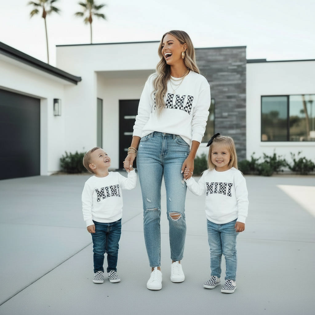 Mama and Mini Matching Checkered White Sweatshirts