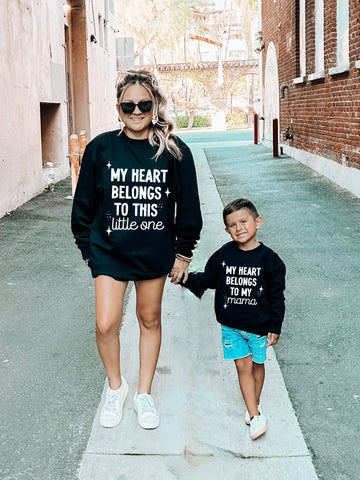 My heart belongs to / son / daughter / mama- Black Mommy & Me Oversized Sweatshirts