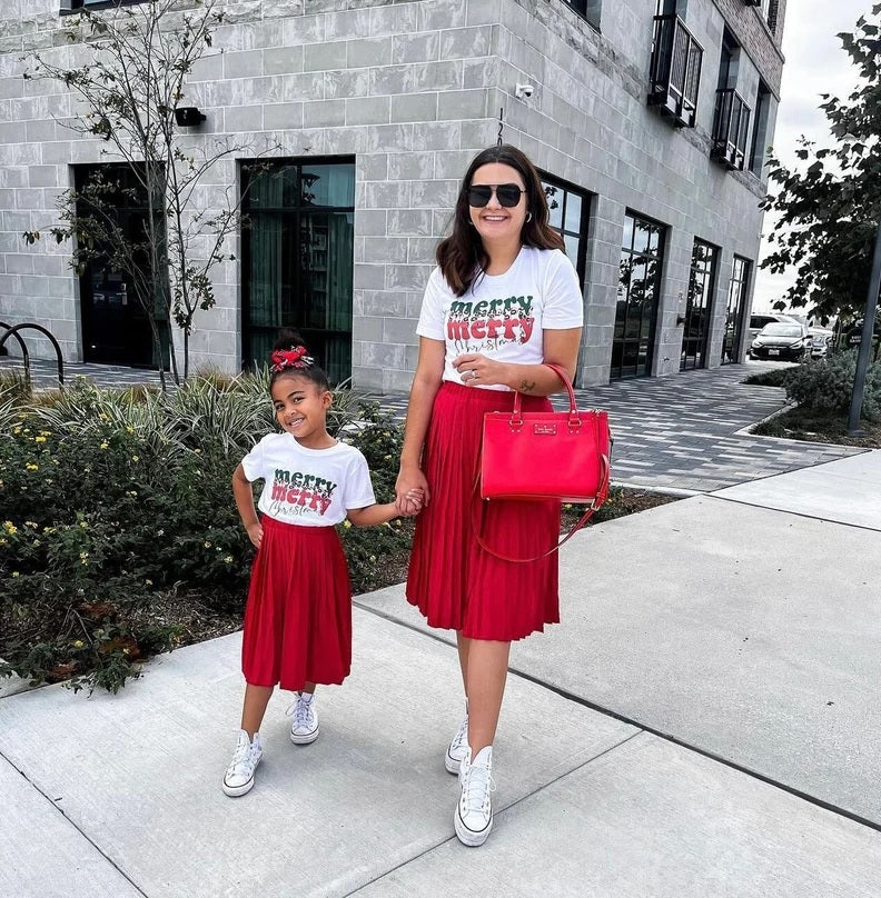 Mother and Daughter Red Pleated Skirt | Mommy & Me Christmas Outfit
