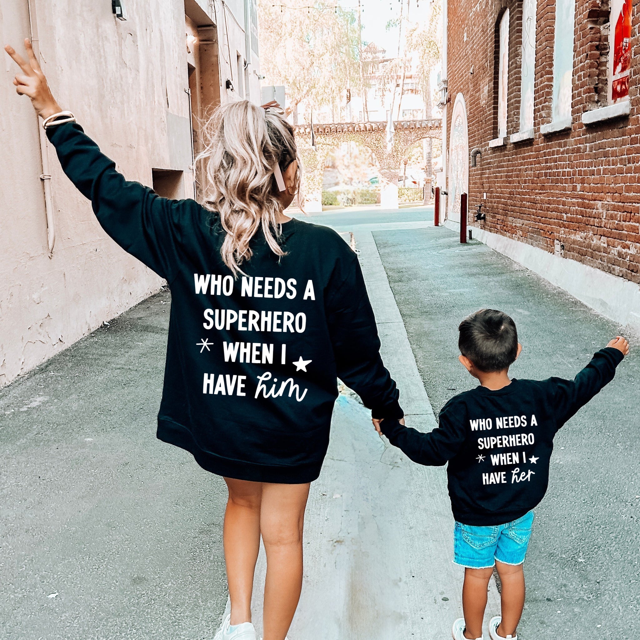 Who needs a Superhero when I have HIM /HER, Graphic Oversized Mommy & Me sweaters