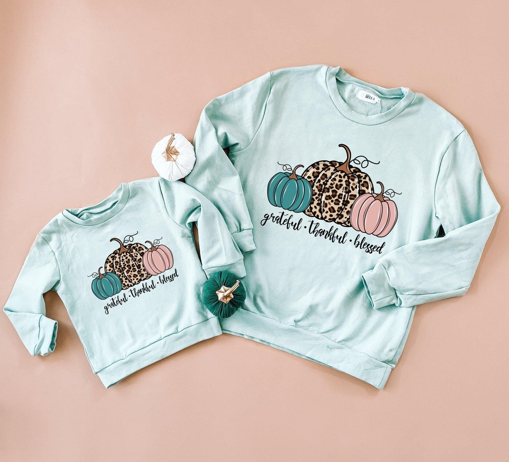 Mint Grateful Thankful and Blessed Mommy and Me Sweater - LITTLE MIA BELLA