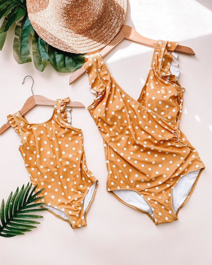Mustard Polka Dot Mommy and Me Swimsuit - LITTLE MIA BELLA