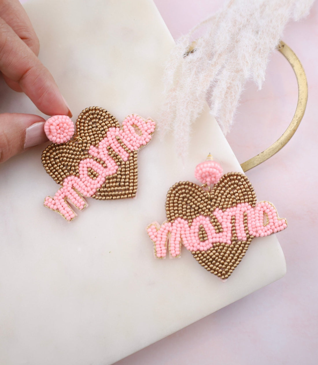 Pink and Brass Heart Mama Earrings - LITTLE MIA BELLA