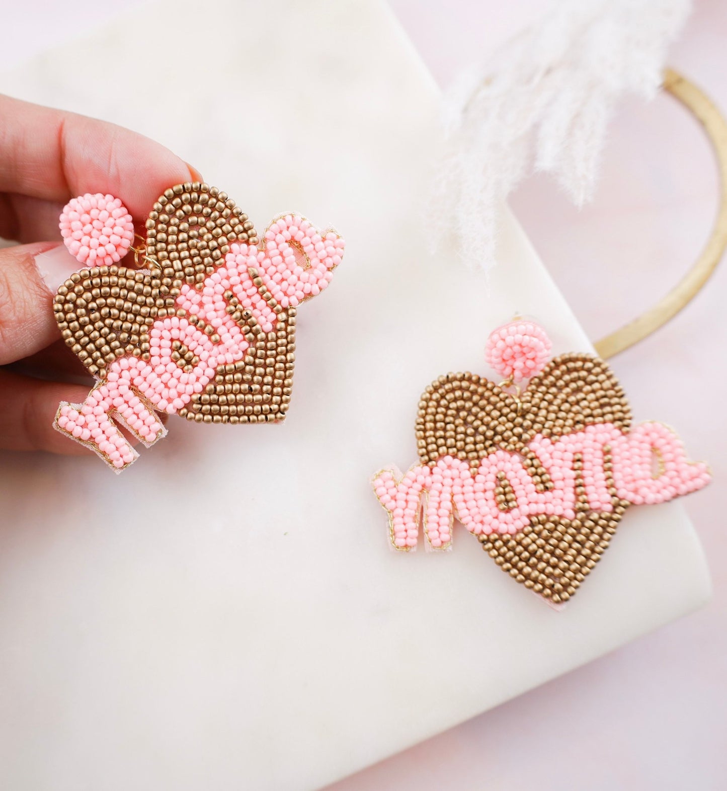 Pink and Brass Heart Mama Earrings - LITTLE MIA BELLA