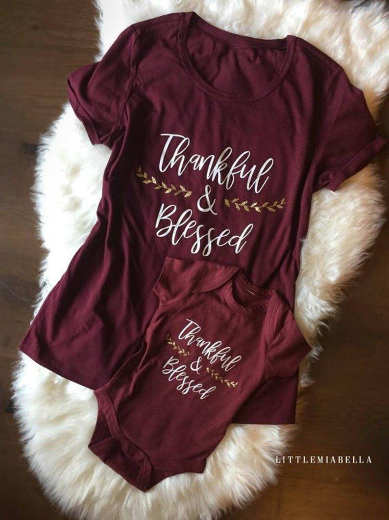 Thankful & Blessed Matching Maroon Tees - LITTLE MIA BELLA