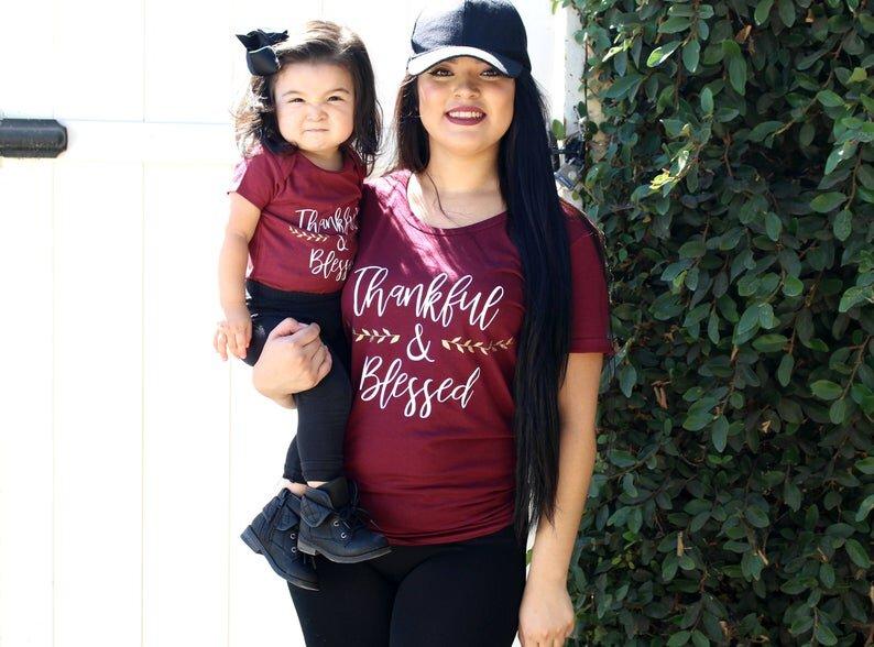 Thankful & Blessed Matching Maroon Tees - LITTLE MIA BELLA